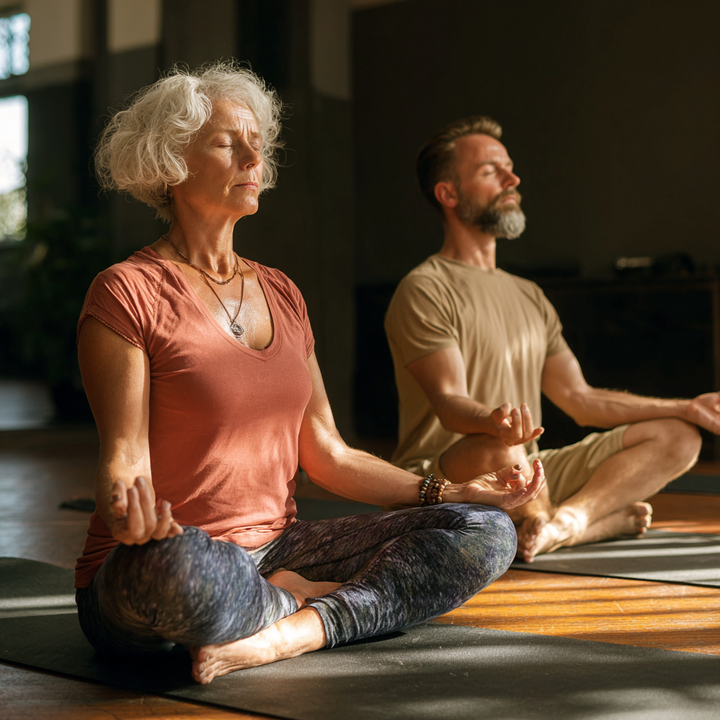 experienced yoga instructor guiding middle-aged student in meditation practice