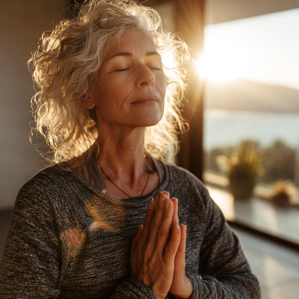 mature woman practicing yoga in peaceful morning light