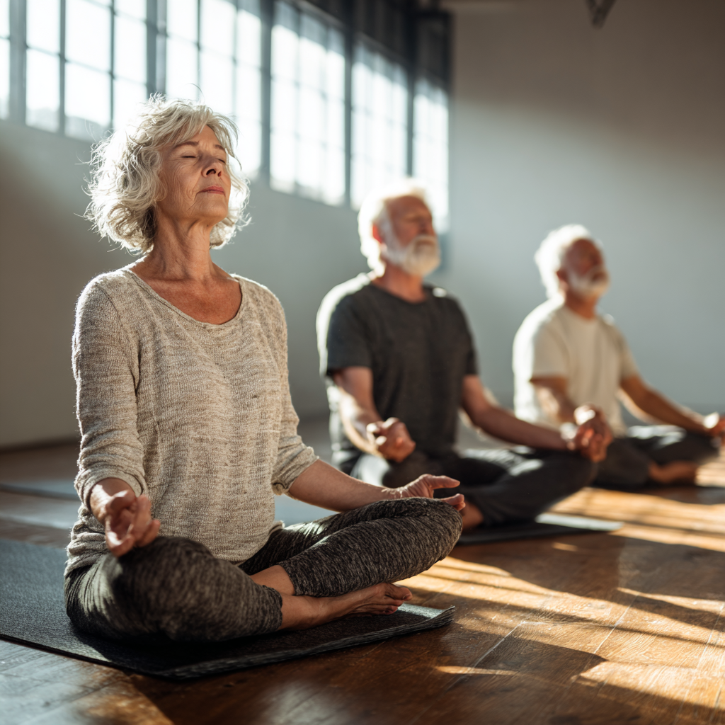 senior adults enjoying yoga session in natural light studio
